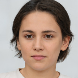 Neutral white young-adult female with medium  brown hair and brown eyes