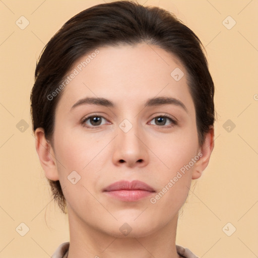 Neutral white young-adult female with short  brown hair and brown eyes