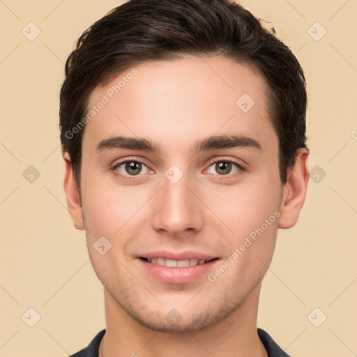 Joyful white young-adult male with short  brown hair and brown eyes