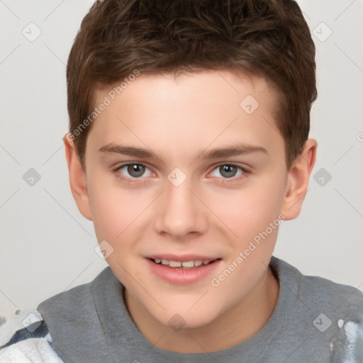 Joyful white child male with short  brown hair and brown eyes