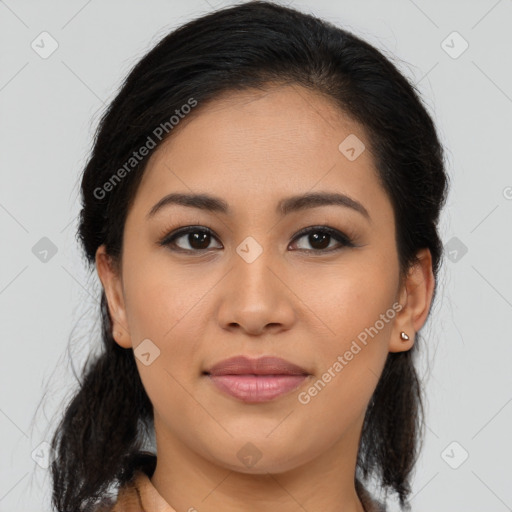 Joyful latino young-adult female with medium  brown hair and brown eyes