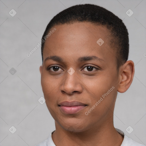 Joyful black young-adult female with short  brown hair and brown eyes