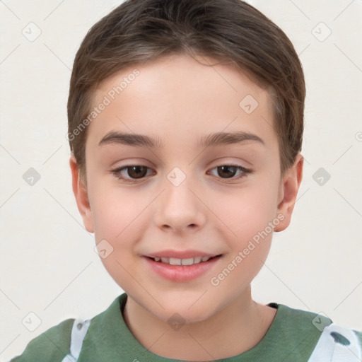 Joyful white child female with short  brown hair and brown eyes