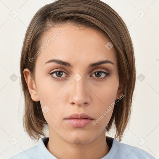 Neutral white young-adult female with medium  brown hair and brown eyes