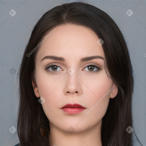 Neutral white young-adult female with long  brown hair and brown eyes