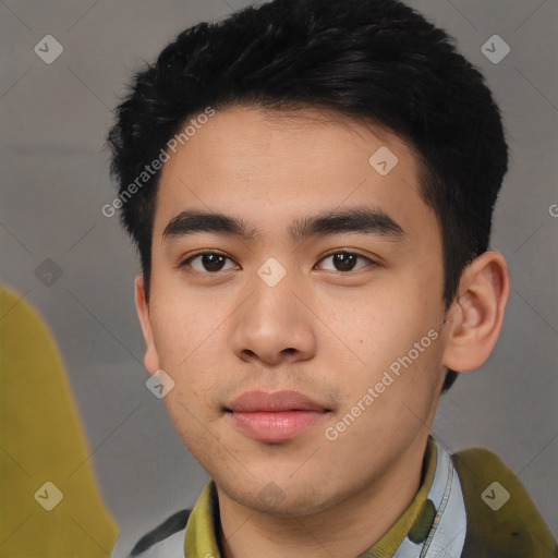 Neutral asian young-adult male with short  black hair and brown eyes