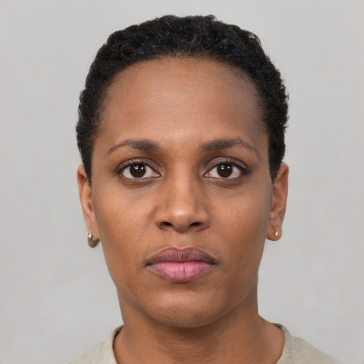 Neutral black young-adult female with short  brown hair and brown eyes