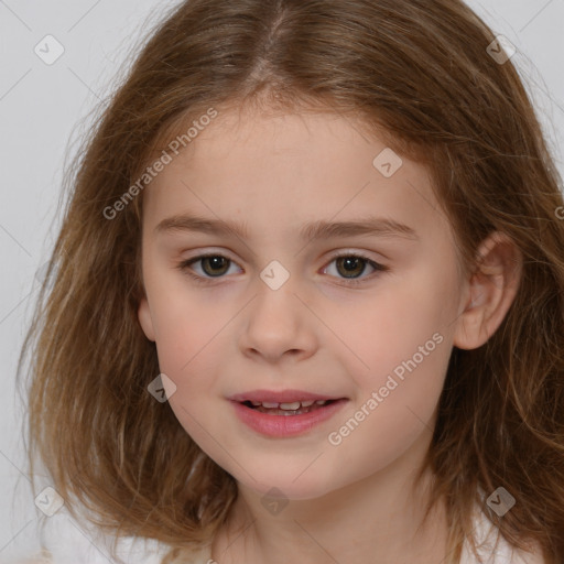 Joyful white child female with medium  brown hair and brown eyes