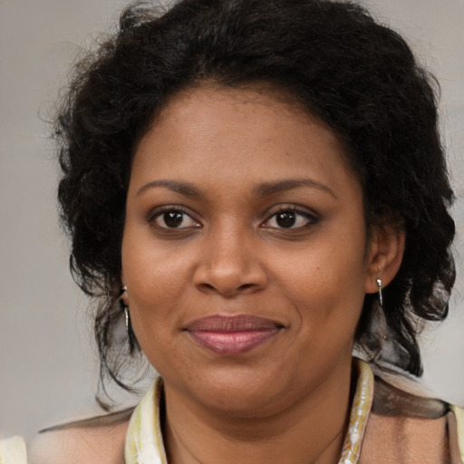 Joyful black young-adult female with medium  brown hair and brown eyes