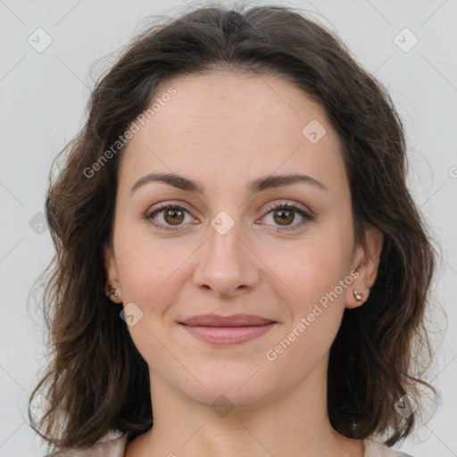 Joyful white young-adult female with medium  brown hair and brown eyes