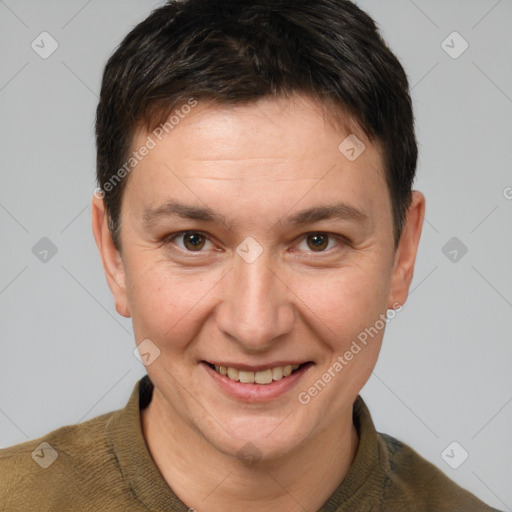 Joyful white adult male with short  brown hair and brown eyes