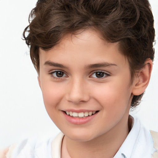 Joyful white child female with short  brown hair and brown eyes