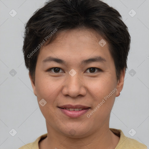 Joyful white young-adult female with short  brown hair and brown eyes