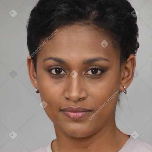 Joyful latino young-adult female with short  brown hair and brown eyes