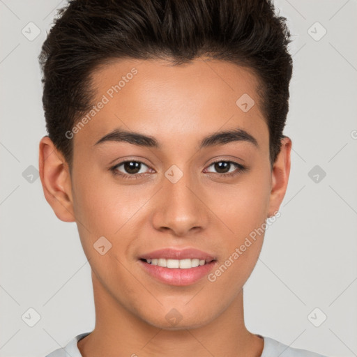 Joyful white young-adult female with short  brown hair and brown eyes