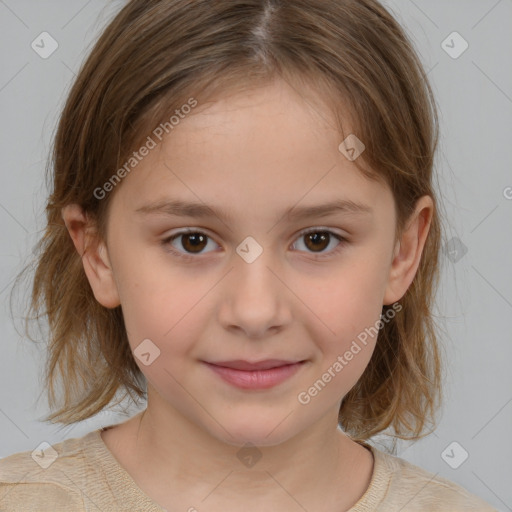 Joyful white child female with medium  brown hair and brown eyes