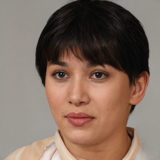 Neutral white young-adult female with short  brown hair and brown eyes
