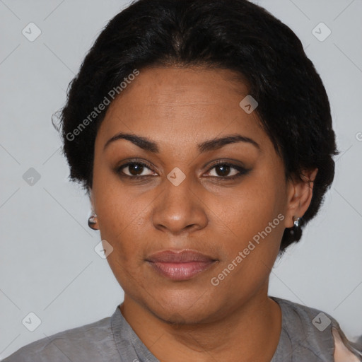 Neutral black young-adult female with short  black hair and brown eyes