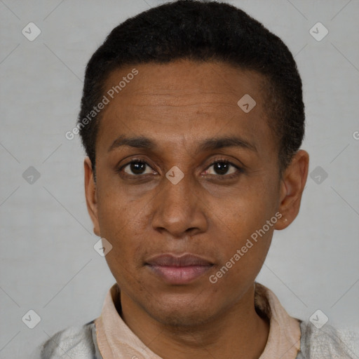 Neutral black adult male with short  black hair and brown eyes