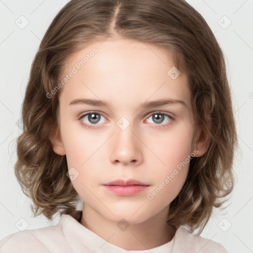 Neutral white young-adult female with medium  brown hair and grey eyes