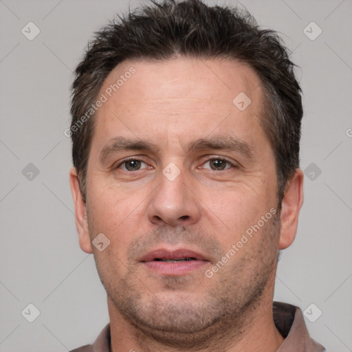 Neutral white adult male with short  brown hair and brown eyes