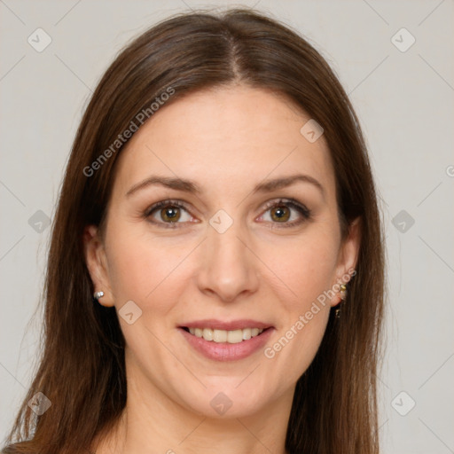 Joyful white young-adult female with long  brown hair and brown eyes