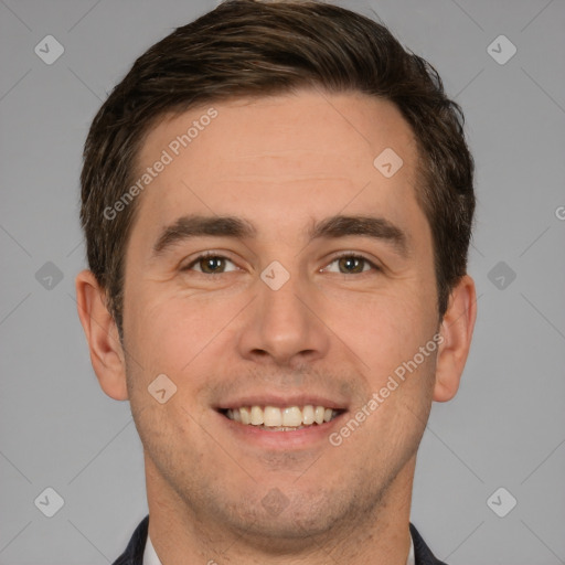 Joyful white young-adult male with short  brown hair and brown eyes