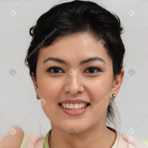 Joyful asian young-adult female with short  brown hair and brown eyes