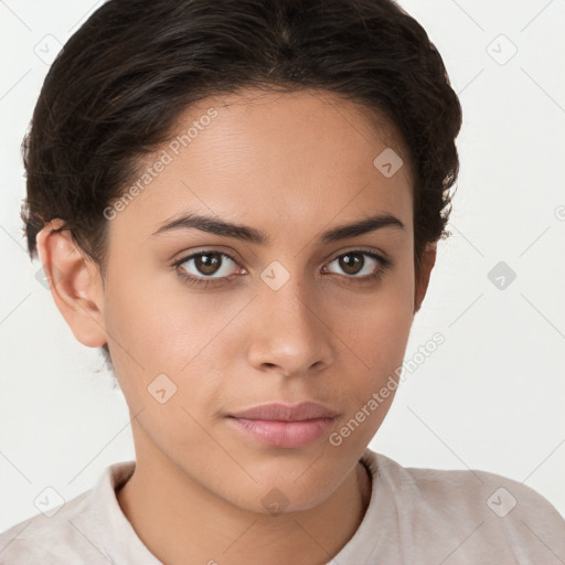 Neutral white young-adult female with short  brown hair and brown eyes