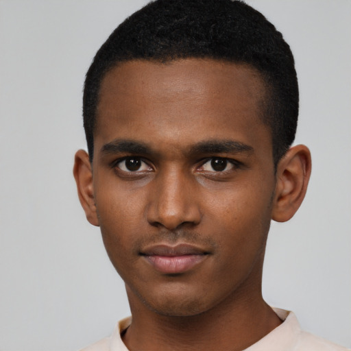 Neutral black young-adult male with short  black hair and brown eyes