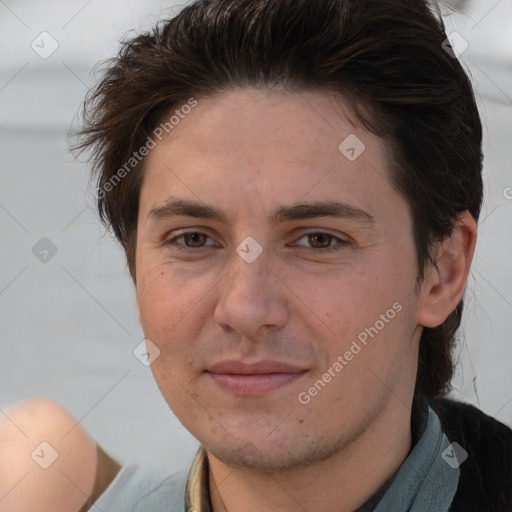 Joyful white adult female with short  brown hair and brown eyes