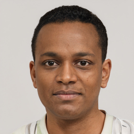 Neutral black young-adult male with short  black hair and brown eyes