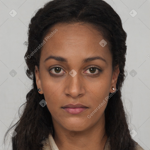 Neutral black young-adult female with long  brown hair and brown eyes