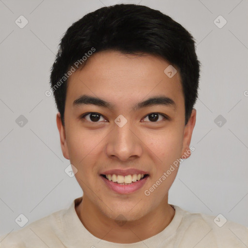 Joyful asian young-adult male with short  black hair and brown eyes