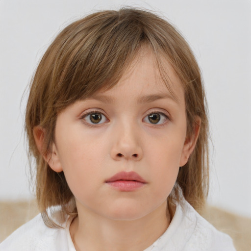 Neutral white child female with medium  brown hair and grey eyes