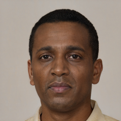 Neutral black adult male with short  black hair and brown eyes