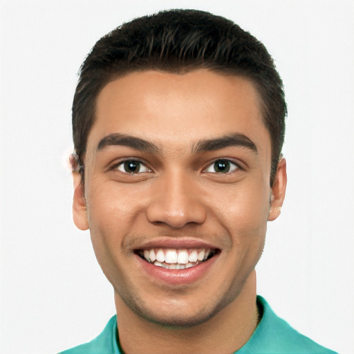 Joyful white young-adult male with short  black hair and brown eyes