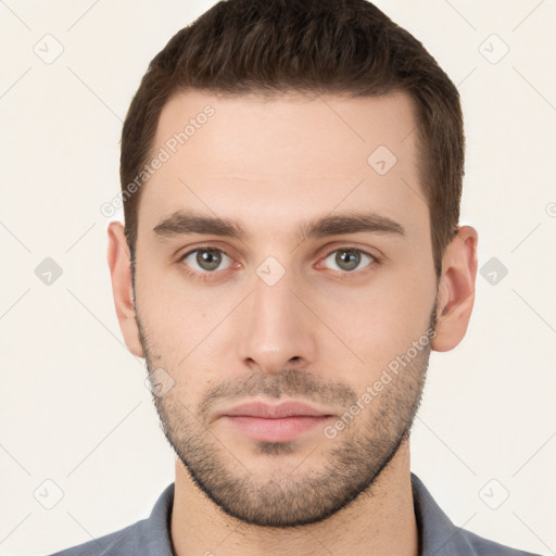 Neutral white young-adult male with short  brown hair and brown eyes