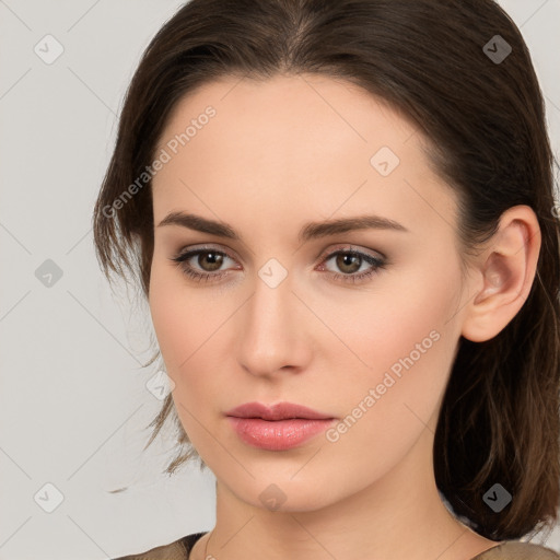 Neutral white young-adult female with medium  brown hair and brown eyes