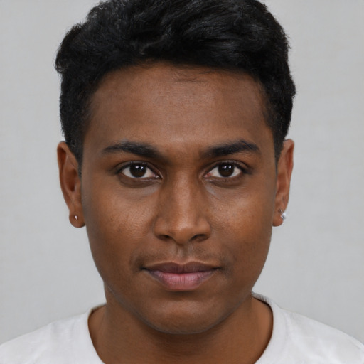 Neutral black young-adult male with short  black hair and brown eyes