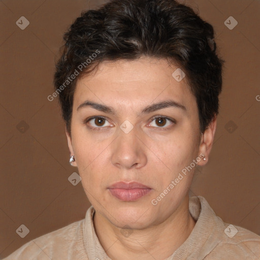Neutral white young-adult female with short  brown hair and brown eyes