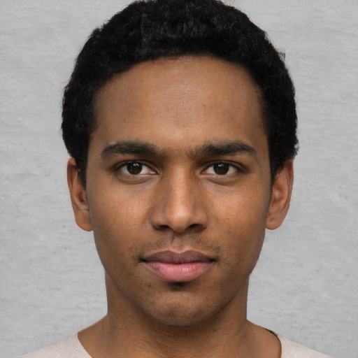 Neutral black young-adult male with short  black hair and brown eyes