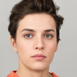 Neutral white young-adult female with short  brown hair and brown eyes