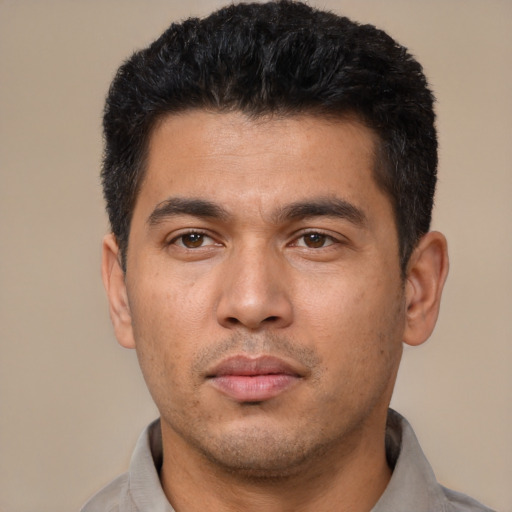 Neutral asian young-adult male with short  black hair and brown eyes