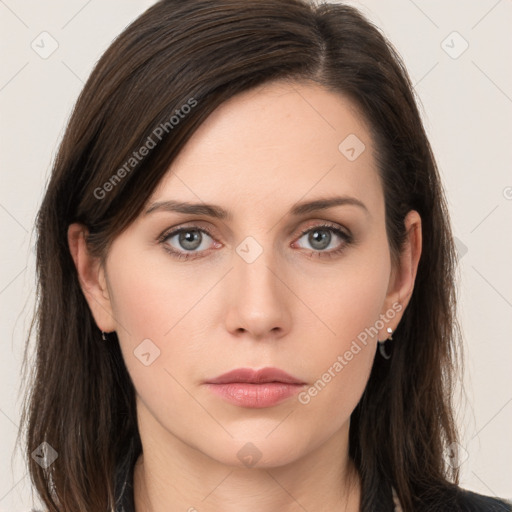 Neutral white young-adult female with medium  brown hair and grey eyes