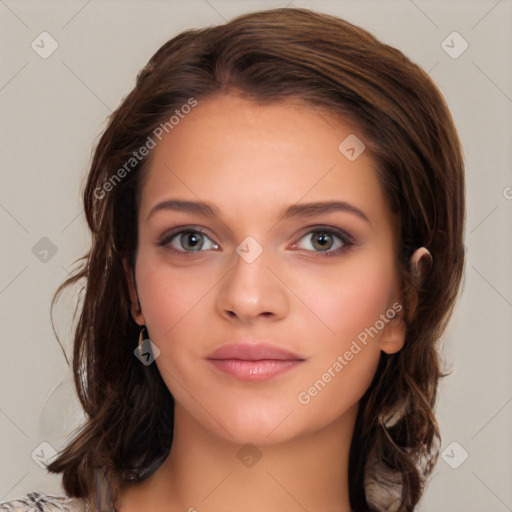 Neutral white young-adult female with medium  brown hair and blue eyes