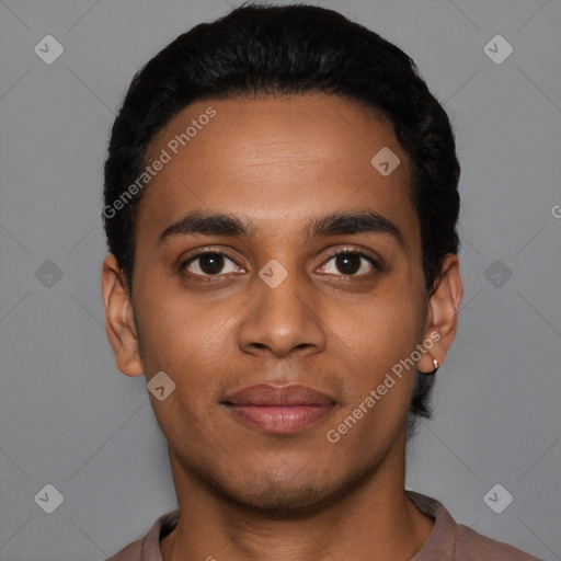 Joyful latino young-adult male with short  black hair and brown eyes