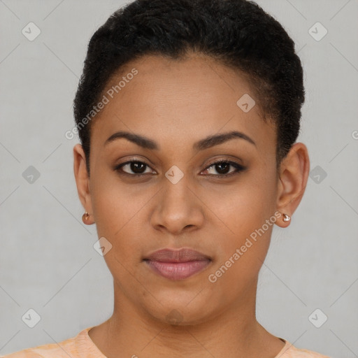 Joyful latino young-adult female with short  brown hair and brown eyes