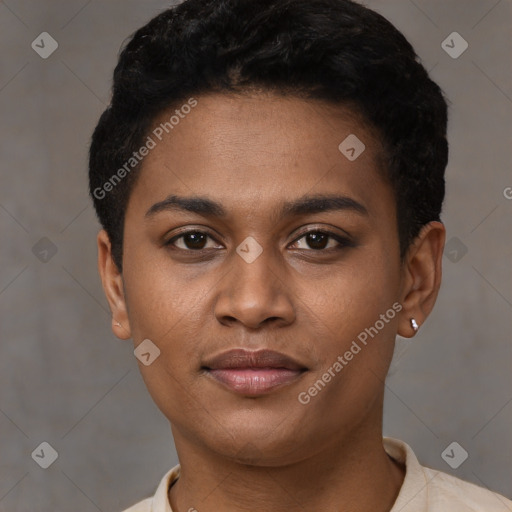 Joyful latino young-adult female with short  black hair and brown eyes