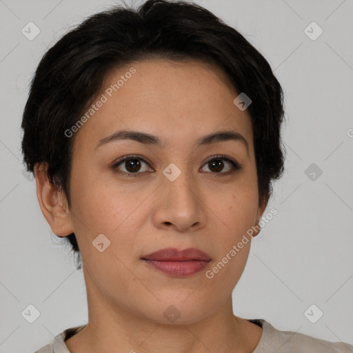 Joyful asian young-adult female with short  brown hair and brown eyes